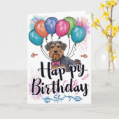 バルーンを持ったエアデール 誕生日 カード (黄色い花)
