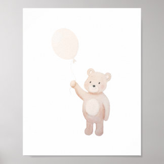 バルーンを持つかわいいテディベアの水彩画・子供部屋 ポスター