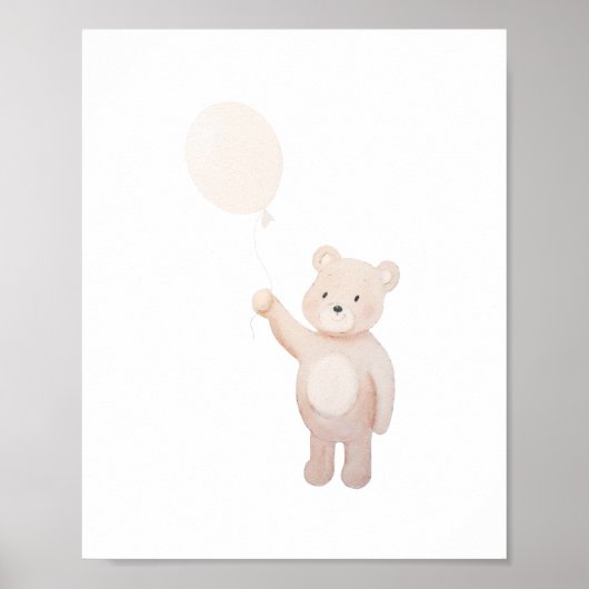 バルーンを持つかわいいテディベアの水彩画・子供部屋 ポスター (正面)