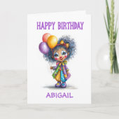 バルーンを持つサーカスのピエロの女の子の誕生日 カード (正面)