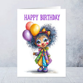 バルーンを持つサーカスのピエロの女の子 誕生日 カード