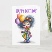 バルーンを持つサーカスのピエロの女の子 誕生日 カード (正面)