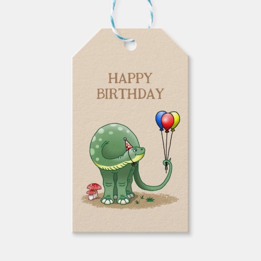 バルーンを持つ恐竜誕生日 ギフトタグ (正面)