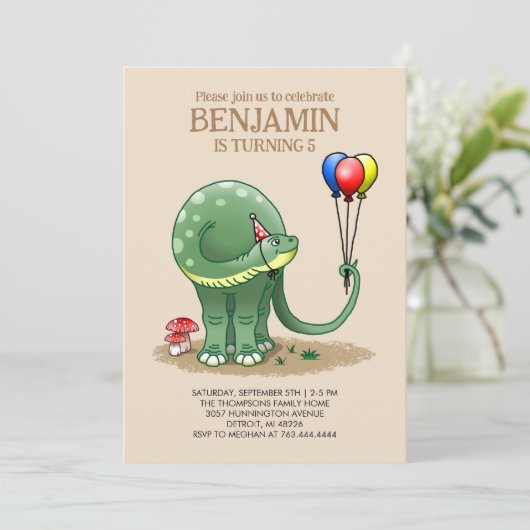バルーンを持つ恐竜誕生日 招待状 (スタンド正面)
