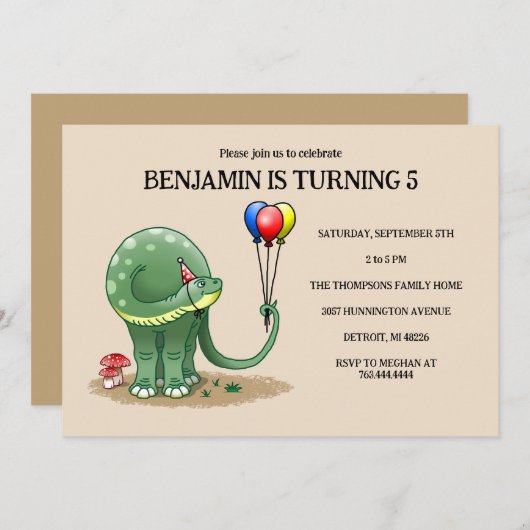 バルーンを持つ恐竜誕生日 招待状 (正面/裏面)