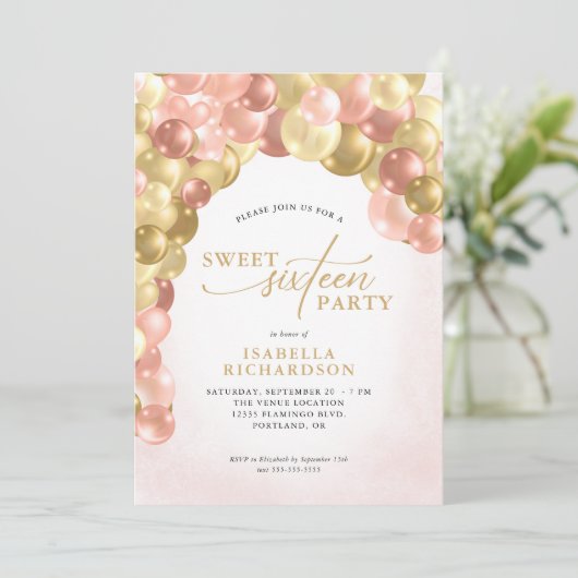 バルーンアーエレガントチピンクと金ゴールドスウィート16パーティー 招待状 (スタンド正面)