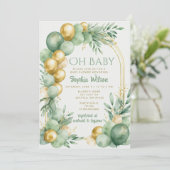 バルーンアーチセージ金ゴールド男女兼用ベビーシャワー 招待状 (スタンド正面)