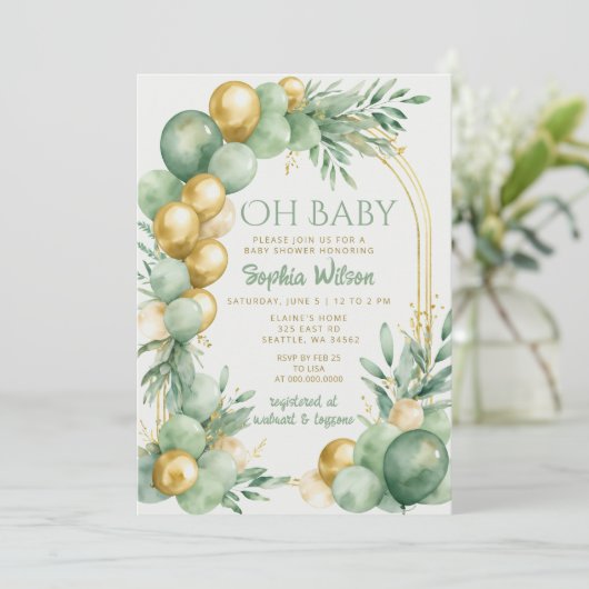 バルーンアーチセージ金ゴールド男女兼用ベビーシャワー 招待状 (スタンド正面)