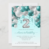 バルーンアーチティール(緑がかった色)シルバーガールズ2nd誕生日パーティー 招待状 (正面)