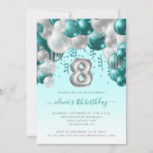 バルーンアーチティール(緑がかった色)シルバーガールズ8thバースデーパーティー 招待状 (正面)