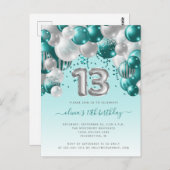 バルーンアーチティール(緑がかった色)シルバー13thバースデーパーティー ポストカード (正面/裏面)