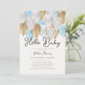 バルーンアーチピンク金ゴールドスイートシックな男の子ベビーシャワー 招待状 (スタンド正面)