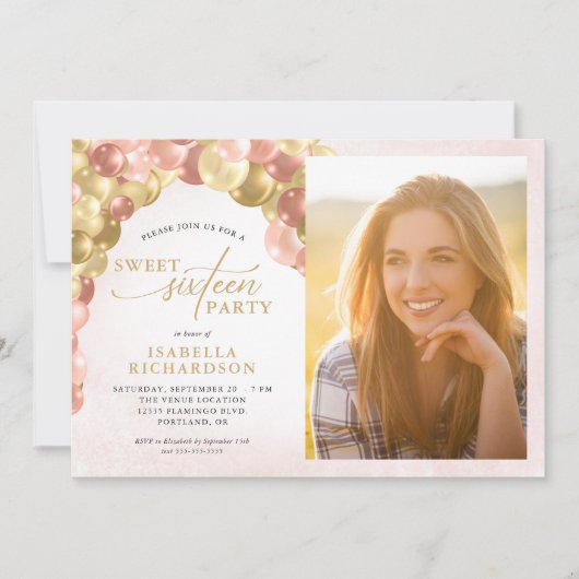 バルーンアーチピンク&金ゴールドフォトスイート16パーティー 招待状 (正面)