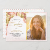 バルーンアーチピンク&金ゴールドフォトスイート16パーティー 招待状 (正面/裏面)