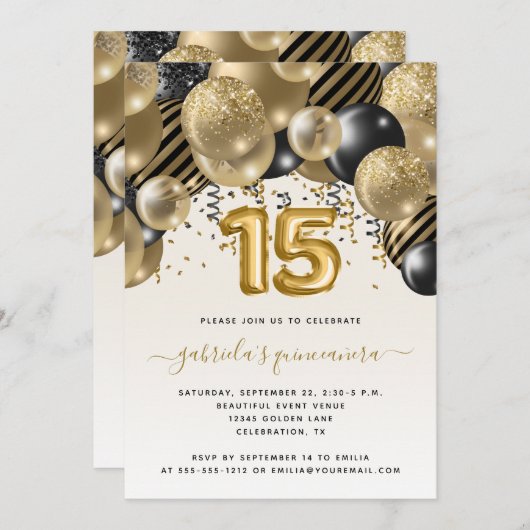 バルーンアーチブラック金ゴールドキンセニェラ招待状 招待状 (正面/裏面)