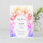 バルーンアーチ虹の色ベビーガール赤ちゃんシャワー 招待状 (スタンド正面)