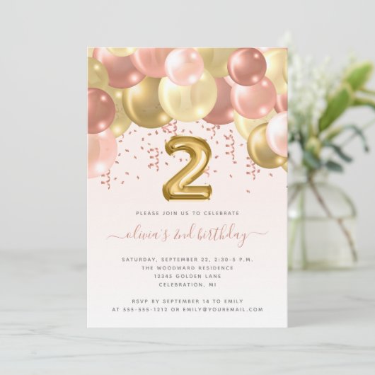 バルーンアーチ赤面金ゴールドガールズ2nd誕生日パーティー 招待状 (スタンド正面)