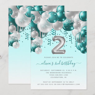 バルーンアーチ ティール シルバー 女の子 2歳 誕生日パーティー 招待状