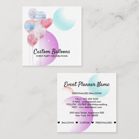 バルーンイベントパーティー装飾団体や組織 スクエア名刺 (正面/裏面)