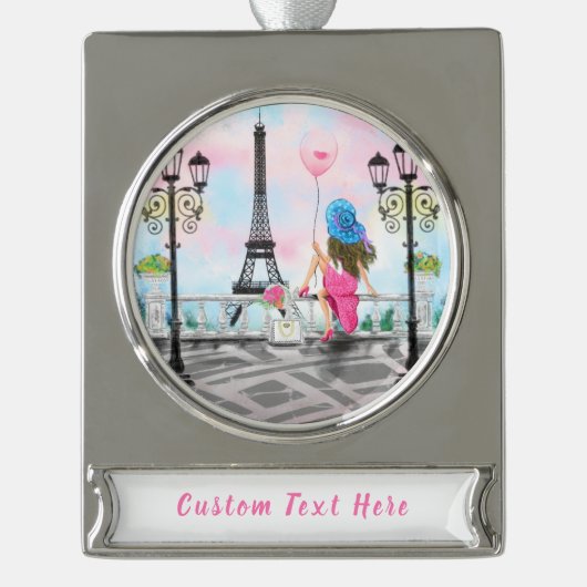 バルーンインパリスエッフェルタワーあなたのテキスト シルバープレートバナーオーナメント (正面)