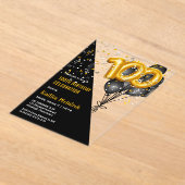 バルーンエレガント黒 | 金ゴールド100th誕生日パーティー アクリル招待状 (レイダウン)