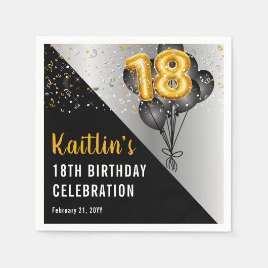 バルーンエレガント黒 |金ゴールド18th誕生日パーティー スタンダードカクテルナプキン (正面)