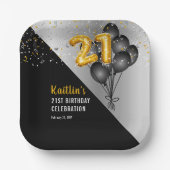バルーンエレガント黒 |金ゴールド21歳の誕生日パーティー ペーパープレート (正面)