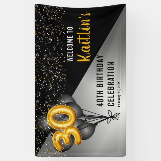 バルーンエレガント黒 |金ゴールド30th誕生日パーティー 横断幕 (縦)