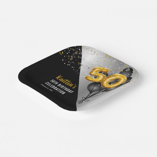 バルーンエレガント黒 |金ゴールド50th誕生日パーティー ペーパープレート (傾斜あり)