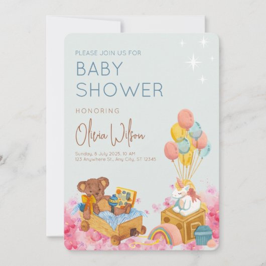 バルーンオーベビーシャワー付き水彩テディベア 招待状 (正面)