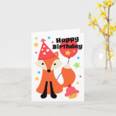 バルーンカップケーキスターハッピーバースデー付きかわいいキツネ カード (黄色い花)
