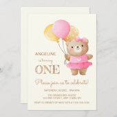 バルーンカラフルかわいいクマの女の子1歳の誕生日 招待状 (正面/裏面)