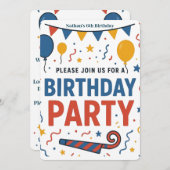 バルーンカラフルと紙吹雪キッズ誕生日 招待状 (正面/裏面)