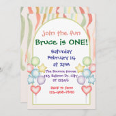 バルーンカラフルストリーマー誕生日ミニマル 招待状 (正面/裏面)