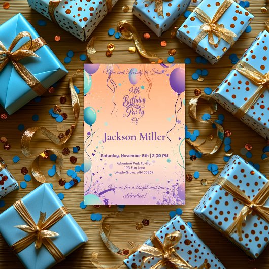 バルーンカラフルバースデーパーティー&かわいいライオン 招待状