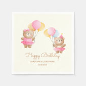 バルーンカラフルベアーガールズジョイント誕生日 スタンダードカクテルナプキン (正面)