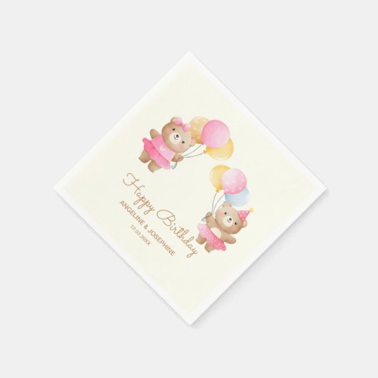 バルーンカラフルベアーガールズジョイント誕生日 スタンダードカクテルナプキン (角)