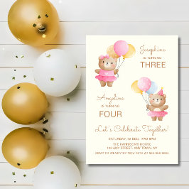 バルーンカラフルベアーガールズジョイント誕生日 招待状