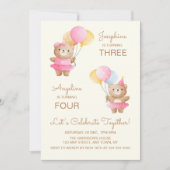 バルーンカラフルベアーガールズジョイント誕生日 招待状 (正面)