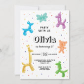 バルーンカラフル動物の誕生日パーティー、任意の年齢 招待状 (正面)