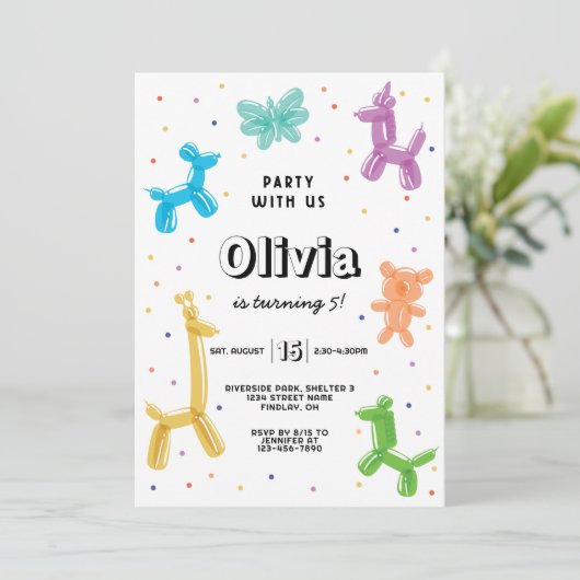 バルーンカラフル動物の誕生日パーティー、任意の年齢 招待状 (スタンド正面)