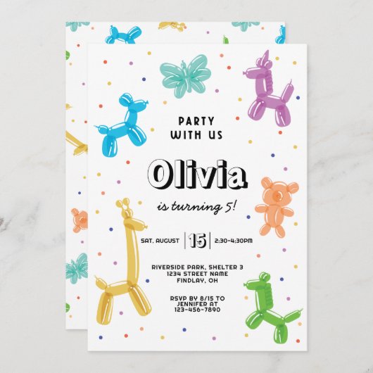 バルーンカラフル動物の誕生日パーティー、任意の年齢 招待状 (正面/裏面)