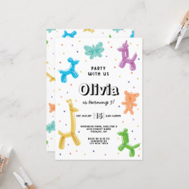 バルーンカラフル動物の誕生日パーティー、任意の年齢 招待状