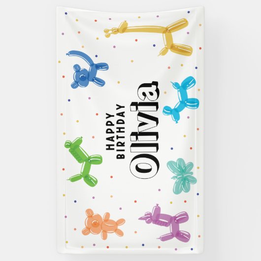 バルーンカラフル動物、任意の年齢ハッピーバースデー 横断幕 (縦)