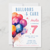 バルーンカラフル水色子供の誕生日パーティー 招待状 (正面)