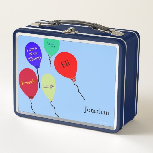 バルーンカラフル赤オレンジ色の緑メッセージ メタルランチボックス (正面)