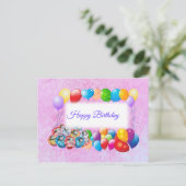 バルーンカラフル、ピンク誕生日 ポストカード (スタンド正面)