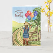 バルーンガールの4歳の誕生日を迎えた西洋女性のカーボーイ カード (黄色い花)