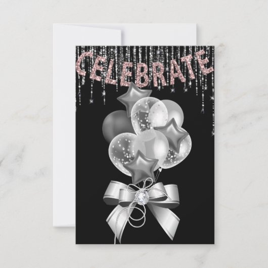 バルーンガール付きブラックとシルバーのピンクパーティー 招待状 (正面)