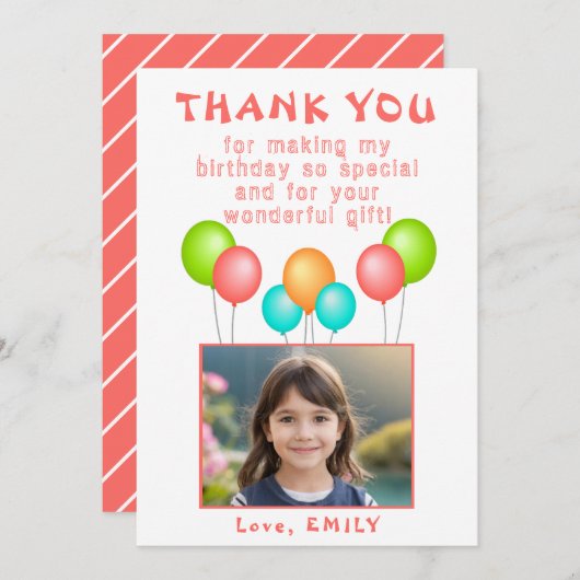 バルーンガール誕生日写真 サンキューカード (正面/裏面)